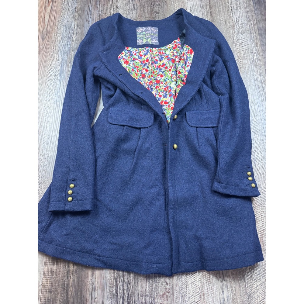 Free People Navy Blue Wool Blend Floral Lined Coat Jacket Size Large cottagecore